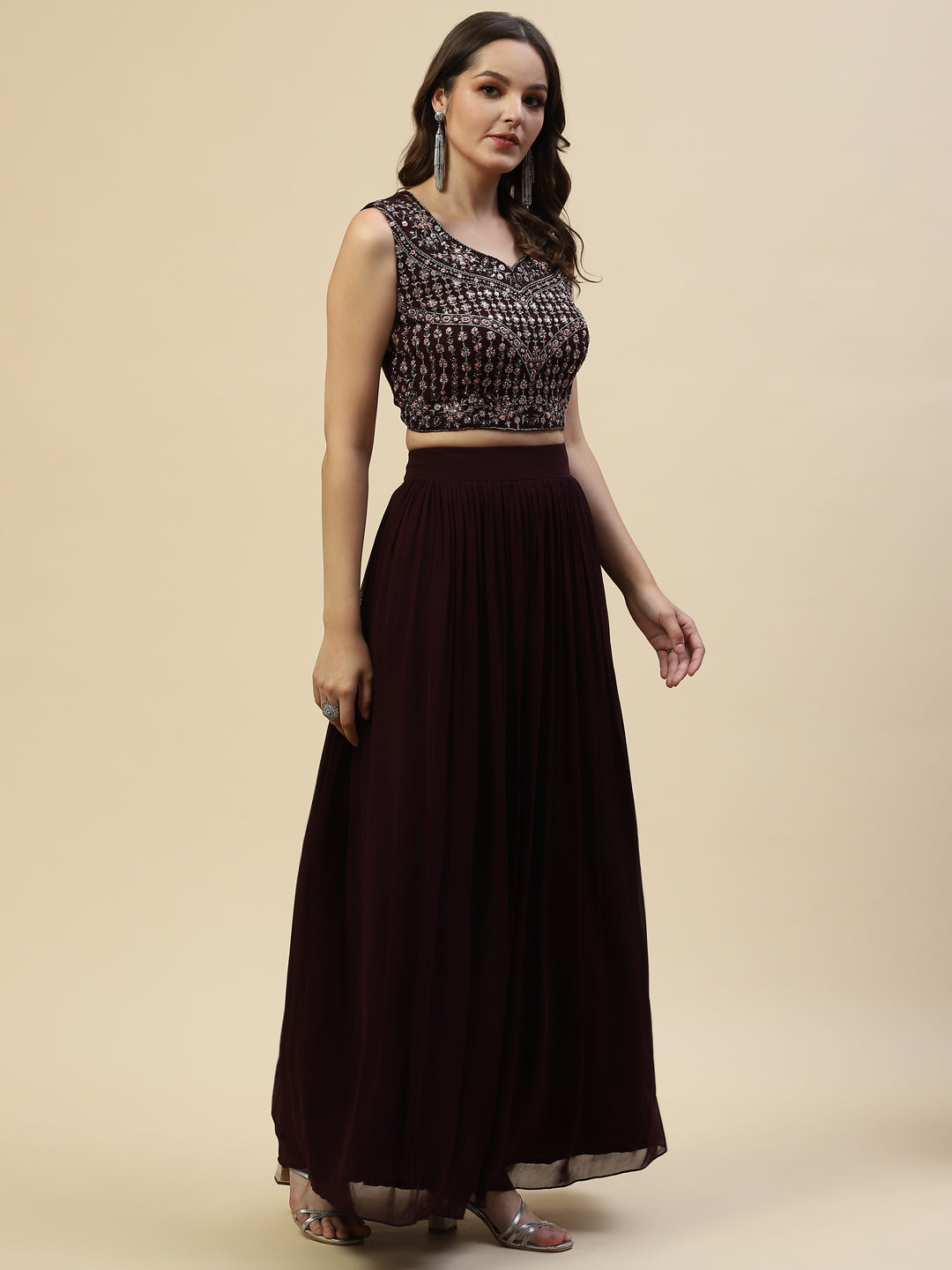 Resham Sequin Booti Georgette Choli Lahenga With Jacket &amp; Dupatta