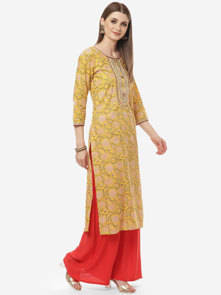Printed Neck Embroidered Cotton Kurti