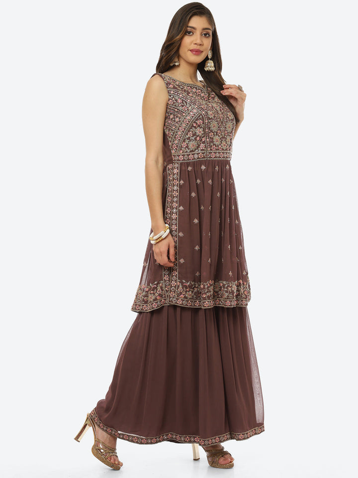 Embroidered Art Georgette Kurti With Sharara And Net Dupatta