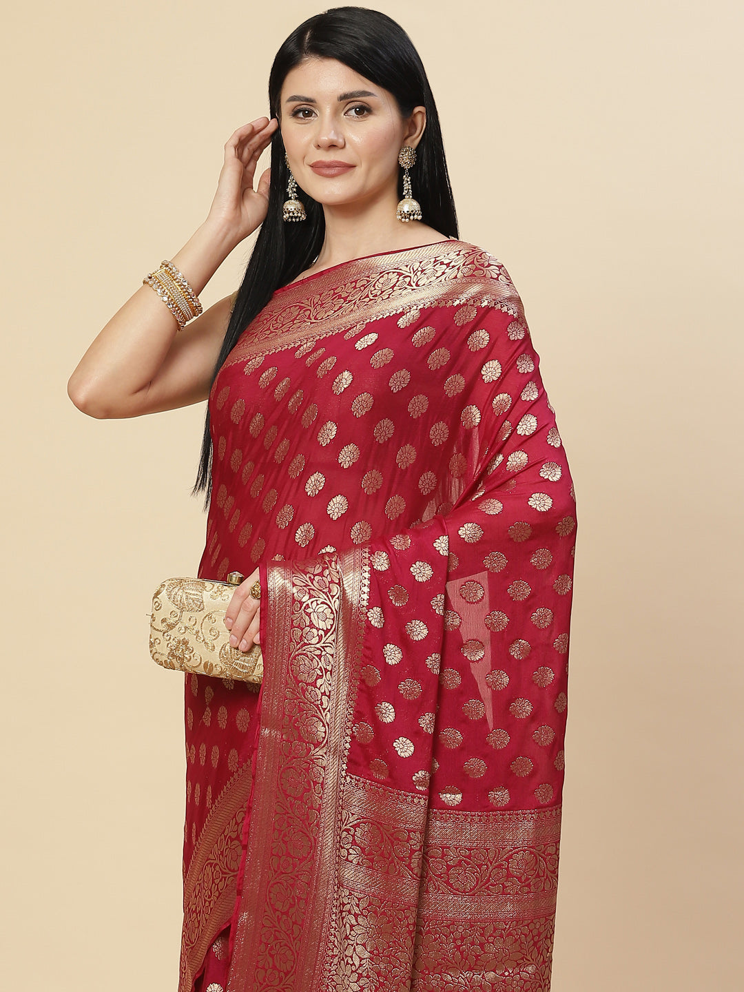 Zari Booti Crepe Plain Saree