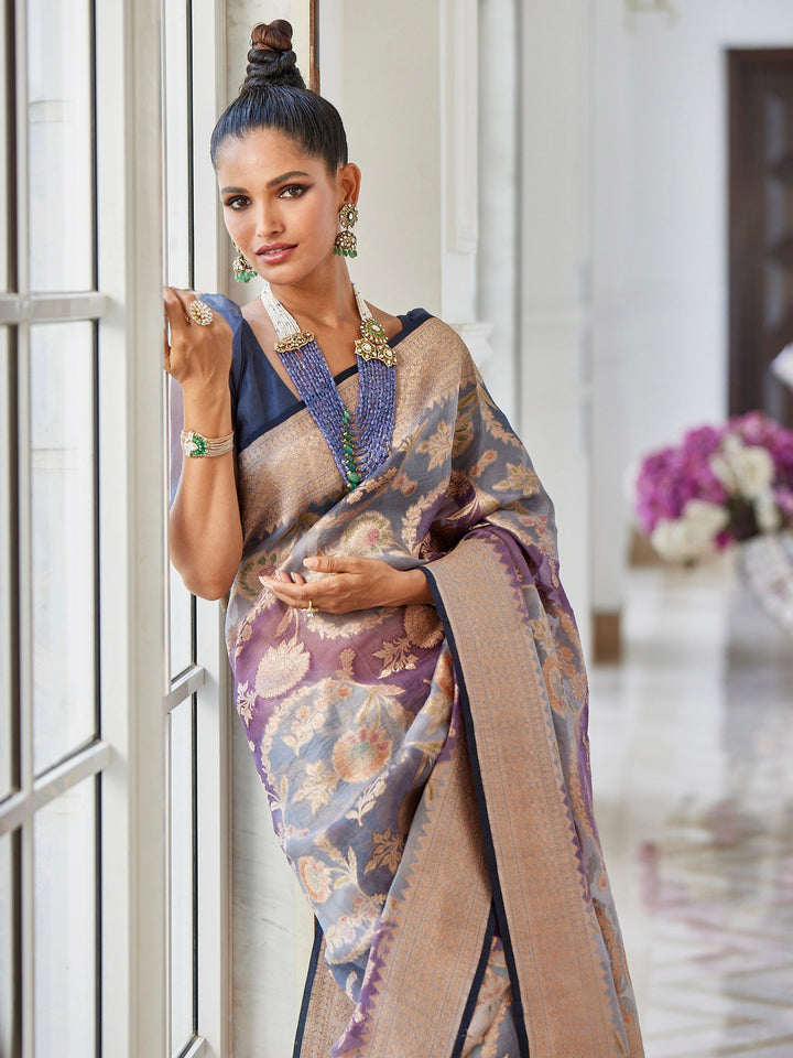Floral Jaal Organza Plain Saree