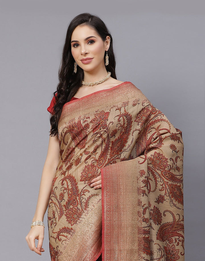 Printed Tussar Saree With Antique Zari Border