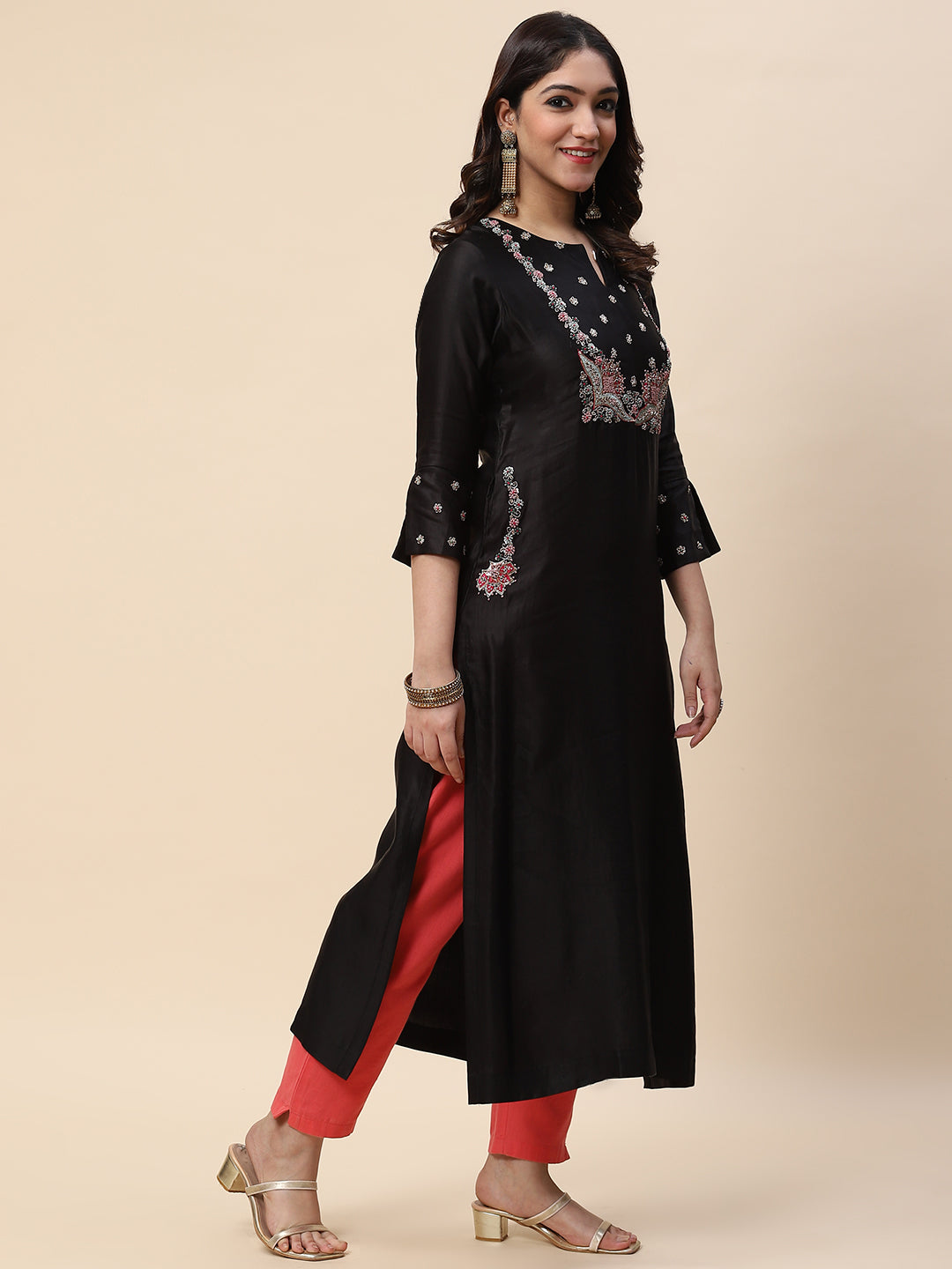 Neck Embroidered Satin Kurta