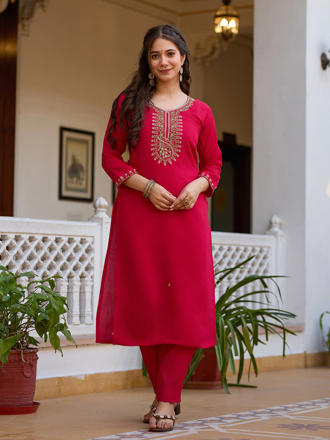 Neck Zari Embroidered Cotton Blend Kurta With Pants &amp; Dupatta