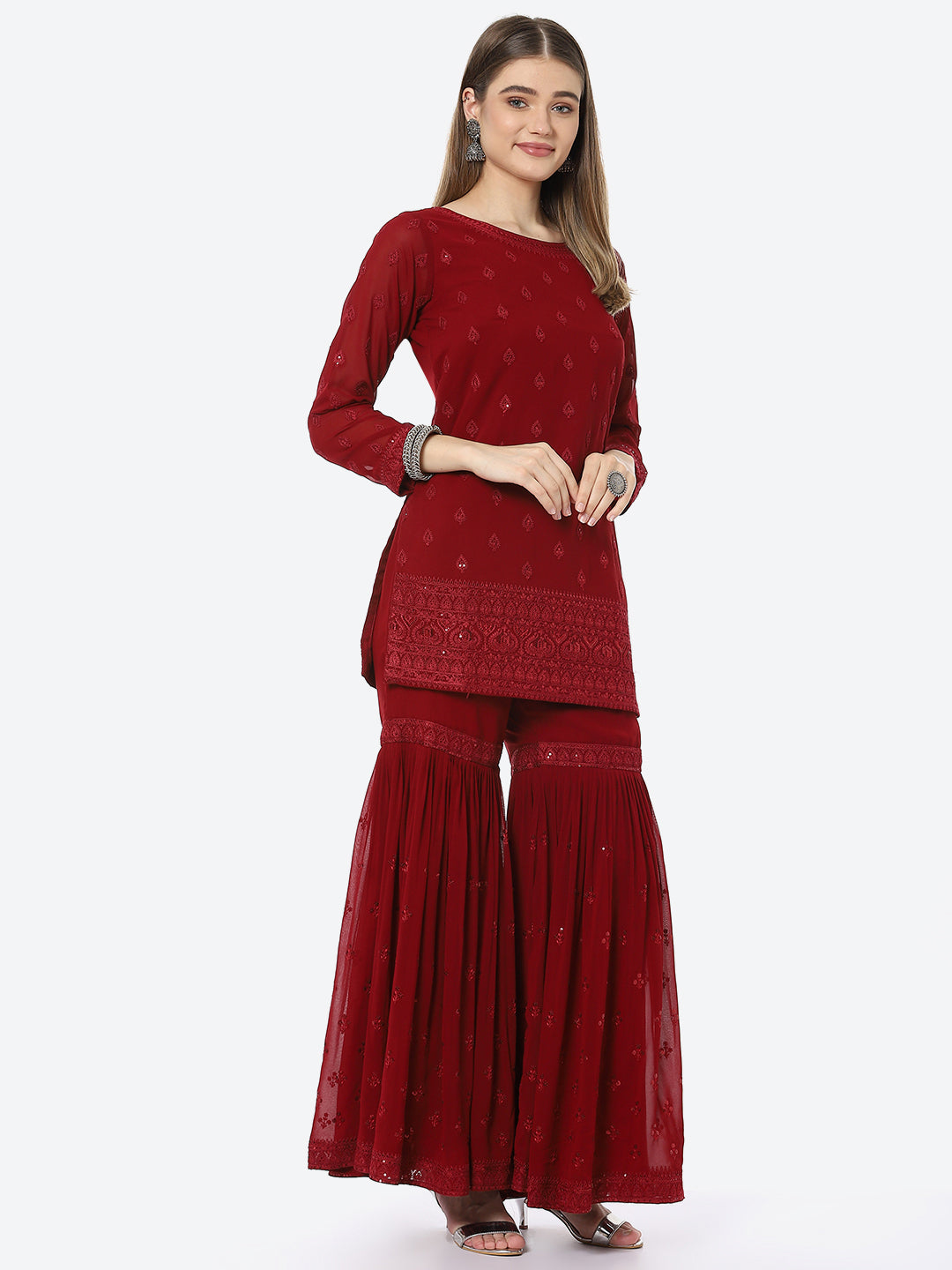 Resham Booti Georgette Kurta With Garara &amp; Georgette Dupatta