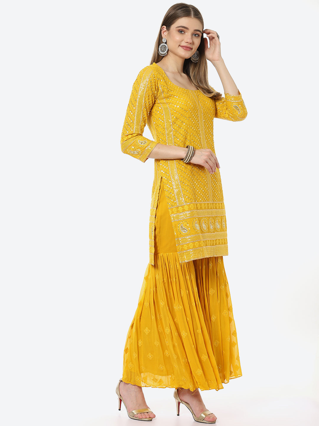 Sequin Georgette Kurti With Sharara &amp; Net Dupatta