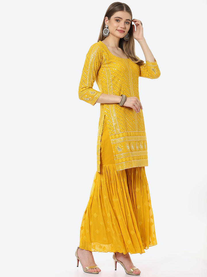 Sequin Georgette Kurti With Sharara &amp; Net Dupatta