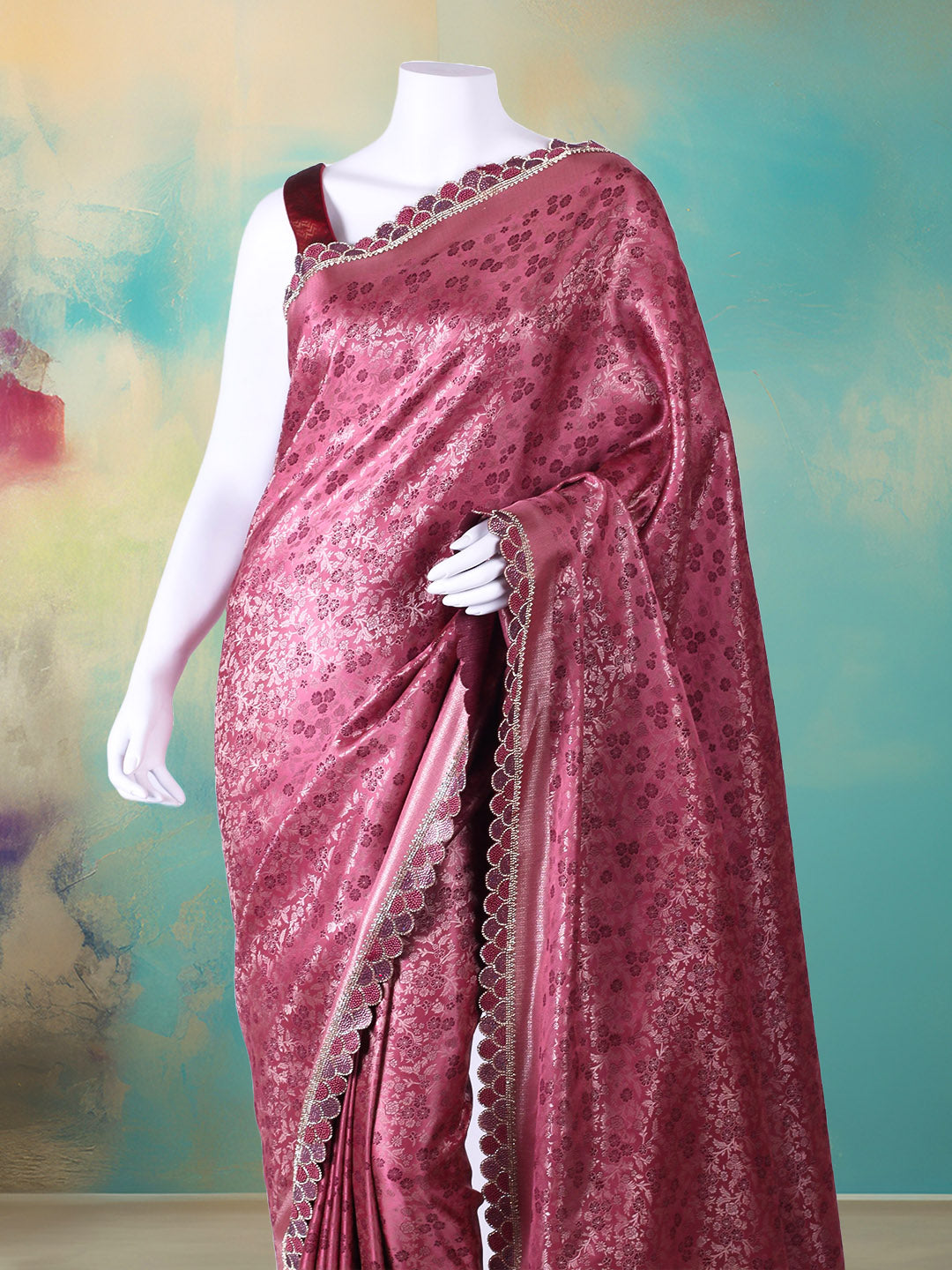 Floral Woven Design &amp; Embellished Border Satin Saree