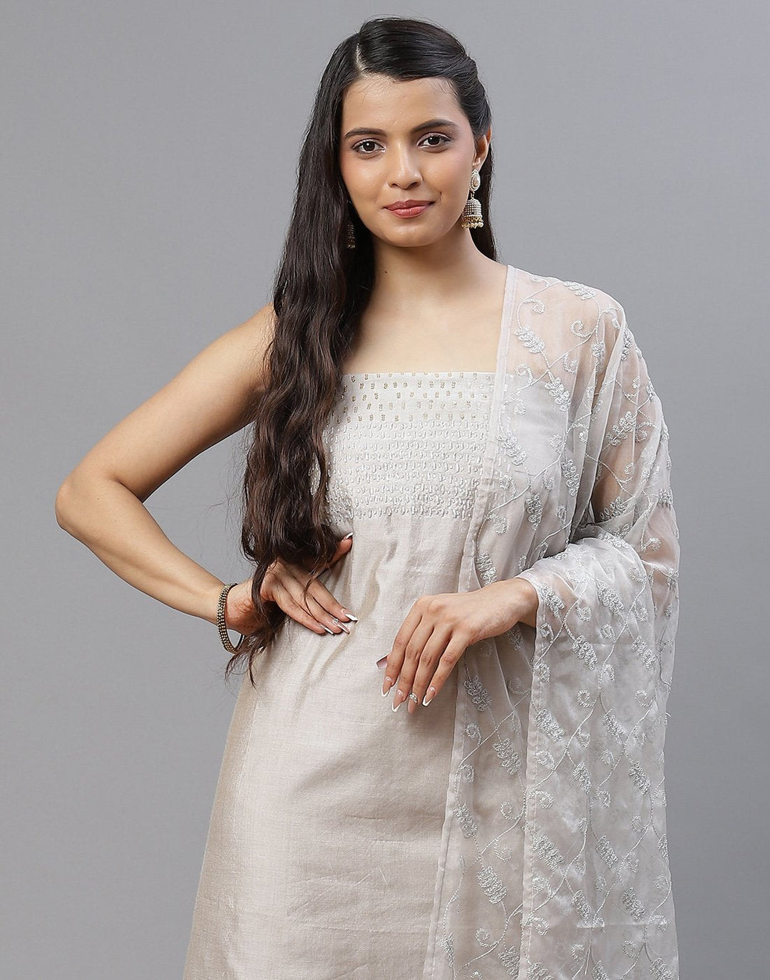 Embroidered Chanderi Suit Piece With Organza Dupatta