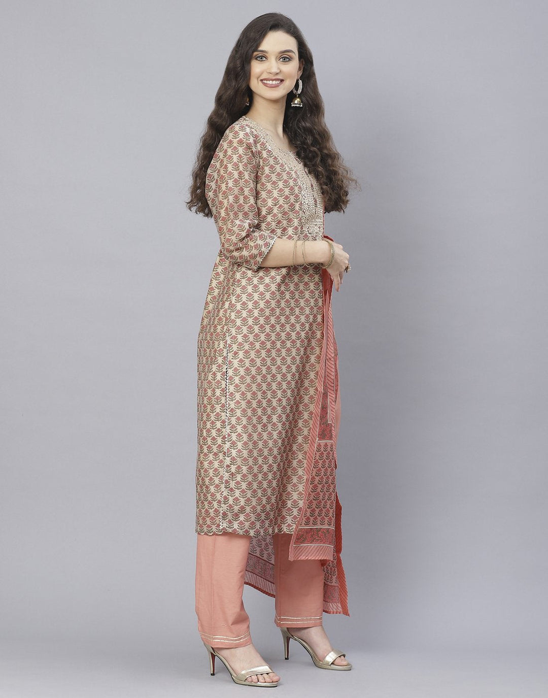 Peach and Firozee Cotton Chanderi Salwar Kameez