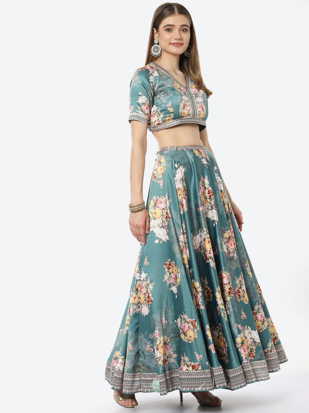 Floral Digital Printed Satin Choli With Lehenga &amp; Crepe Dupatta