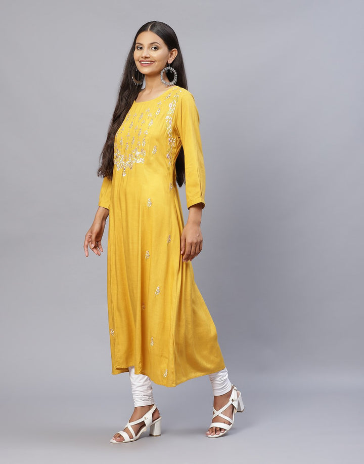 Plain Cotton Kurti With Yoke Embroidery