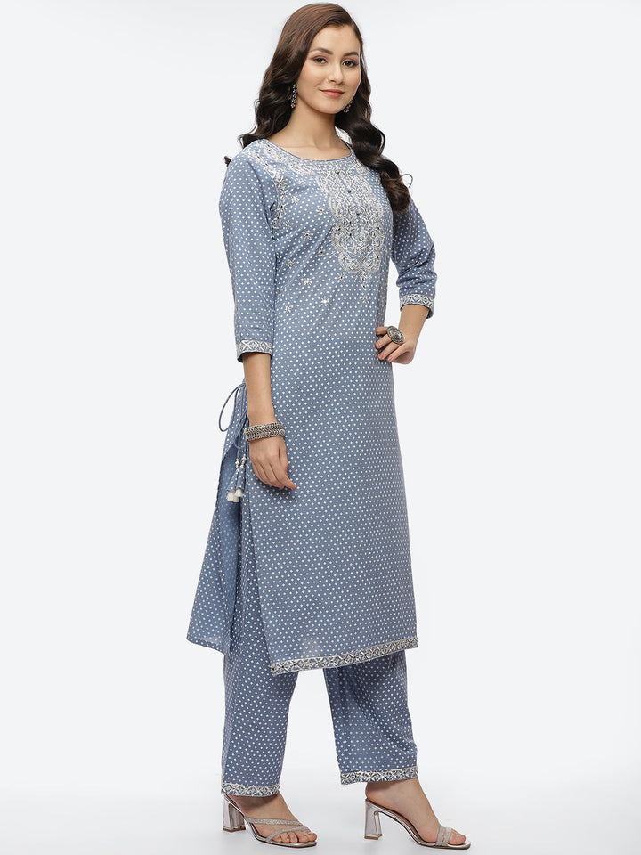 Mirror Neck Embroidered Cotton Kurta With Palazzo