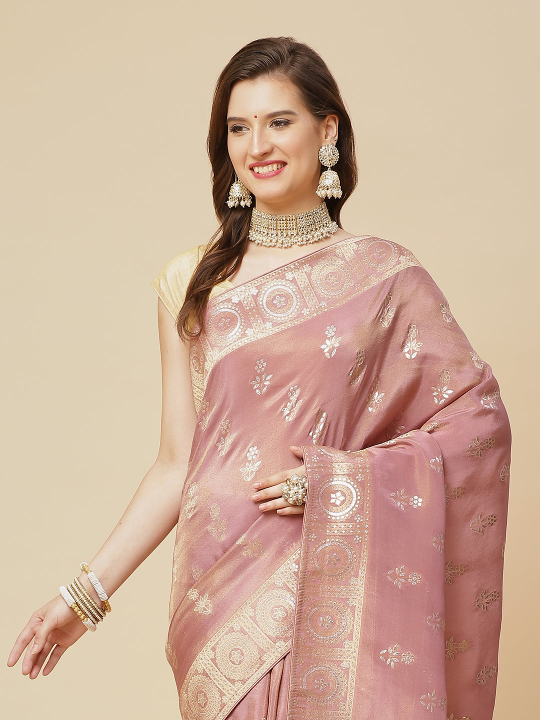 Zari Border Booti Banarasi Woven Saree