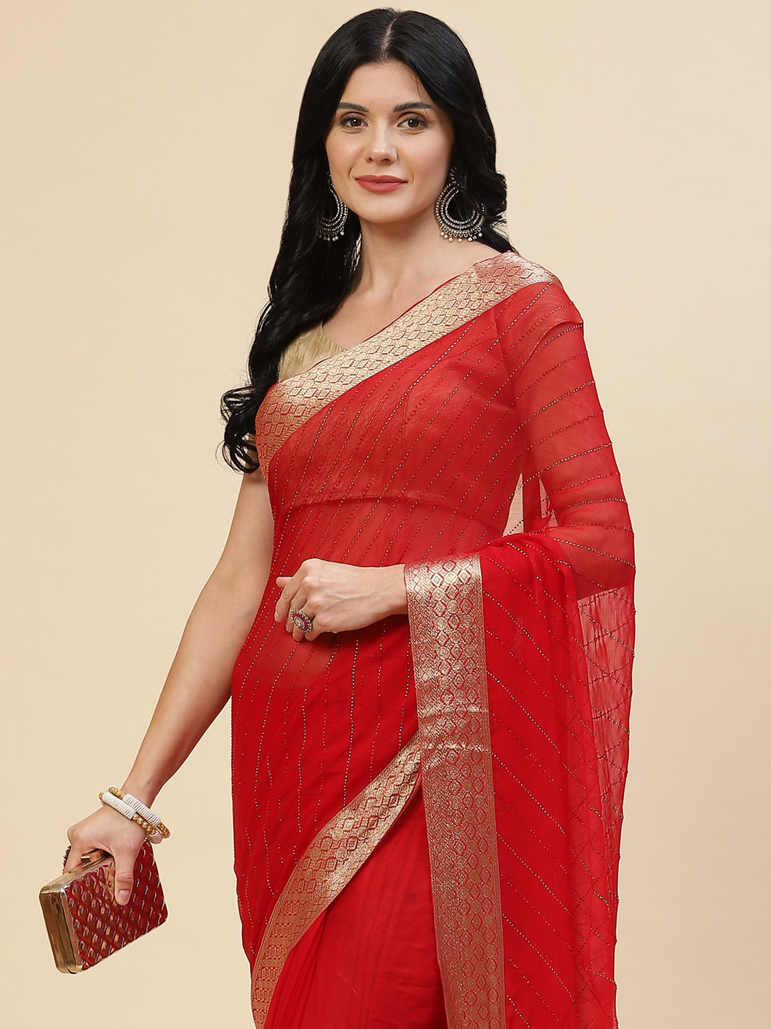 Stone Work Chiffon Plain Saree