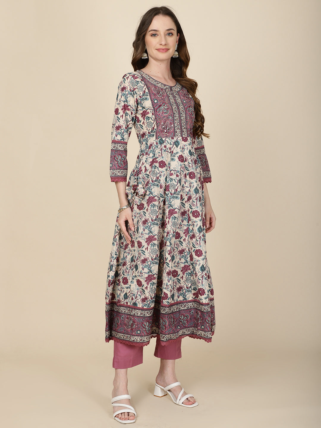 Floral Printed Cotton Kurta With Pants & Dupatta