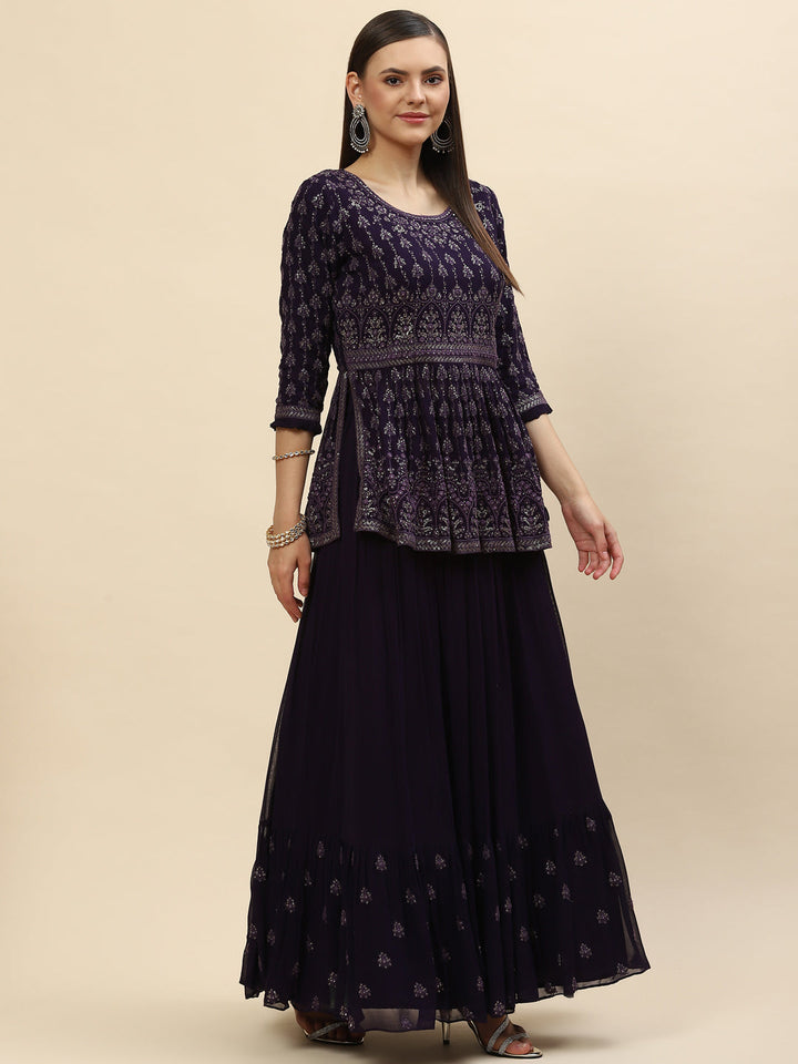 Sequin Embroidered Georgette Peplum Choli With Lehenga &amp; Dupatta