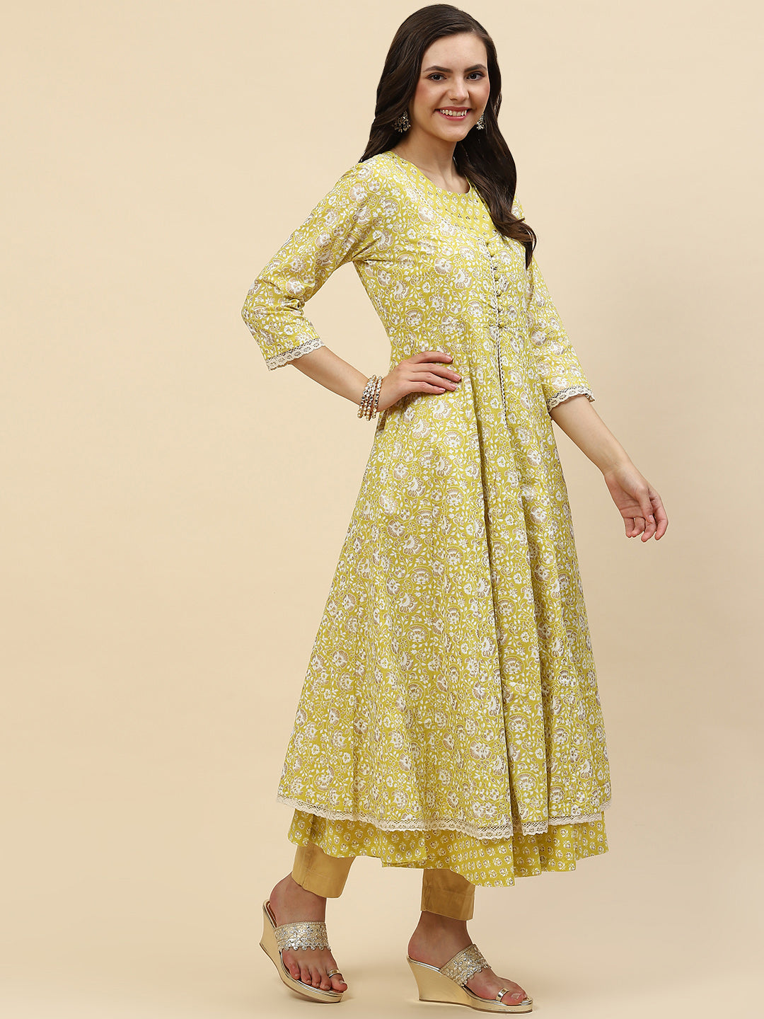 Floral Printed Cotton Anarkali Kurta With Jacket