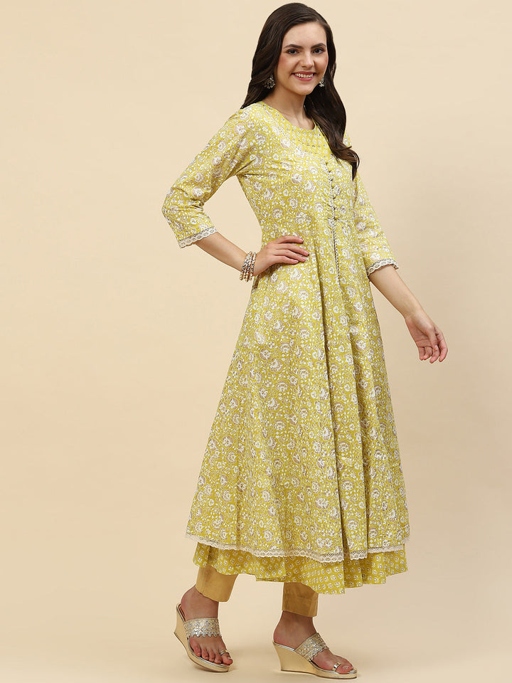 Floral Printed Cotton Anarkali Kurta With Jacket