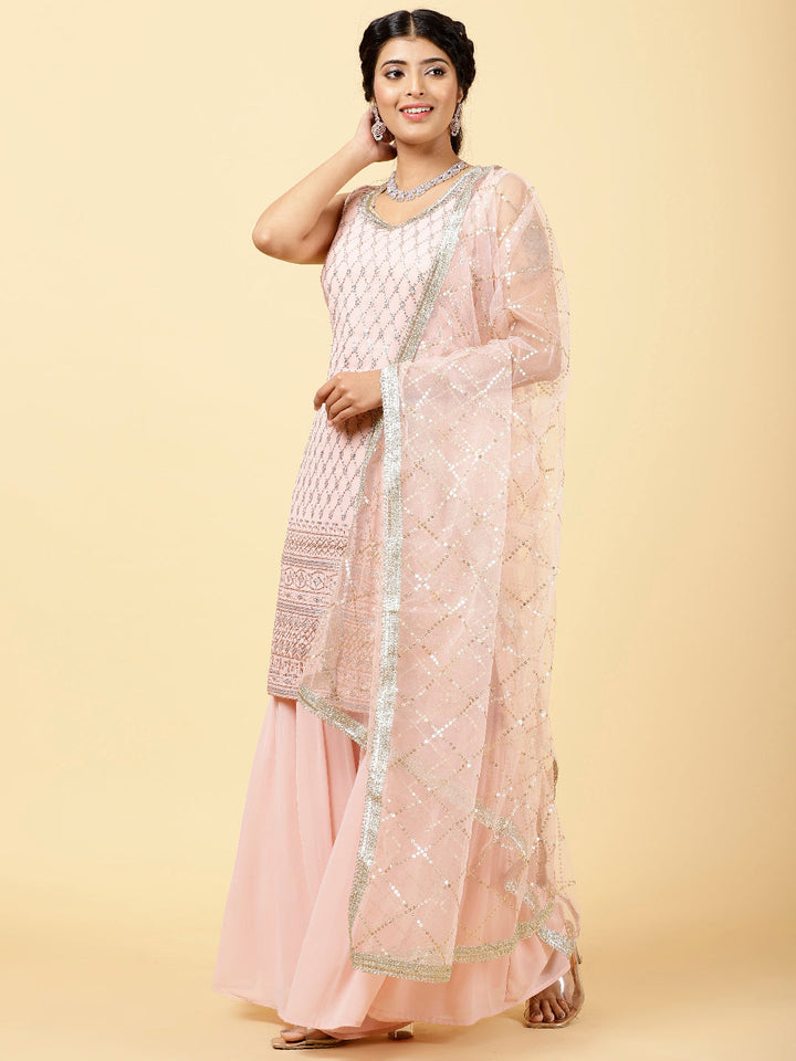 Sequin Georgette Kurta With Palazzo  &amp; Dupatta