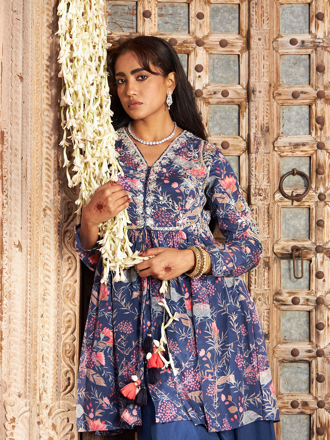 Blue Embroidered Chinon Kurta with Palazzo