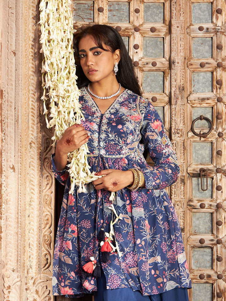Blue Embroidered Chinon Kurta with Palazzo
