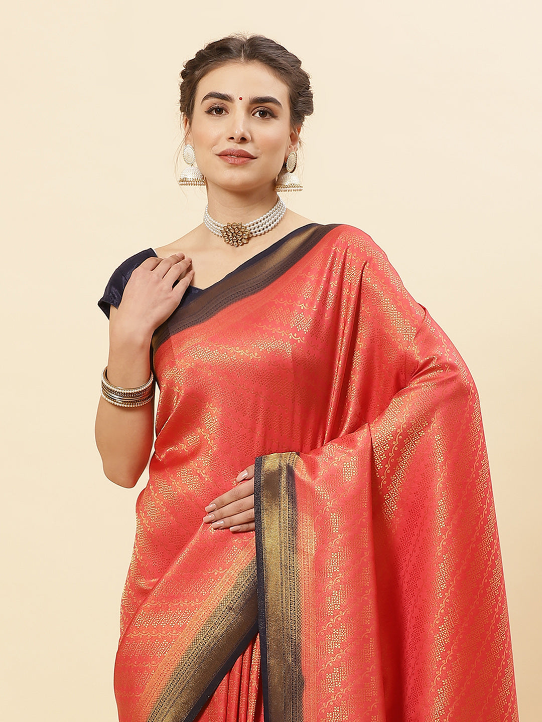 Brocade Zari Jaal Art Handloom Saree with contrast Blouse