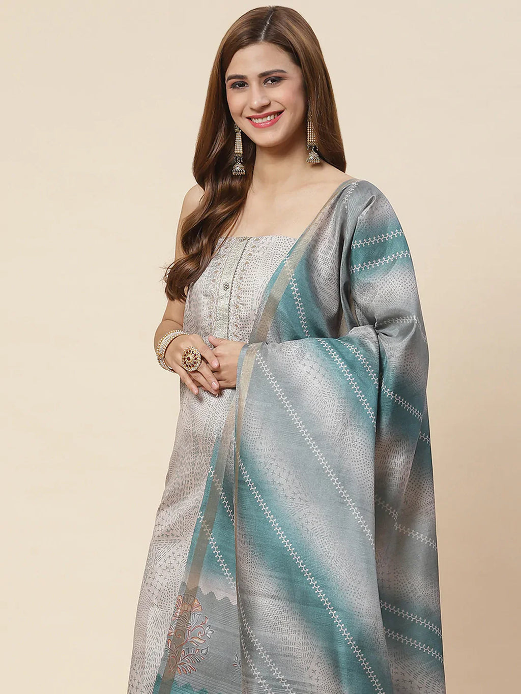 Neck Embroidered Art Tussar Unstitched Suit Piece With Dupatta