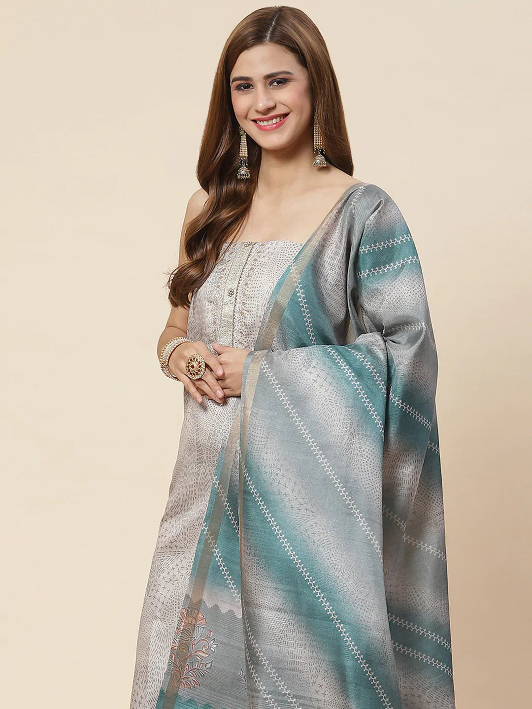 Neck Embroidered Art Tussar Unstitched Suit Piece With Dupatta