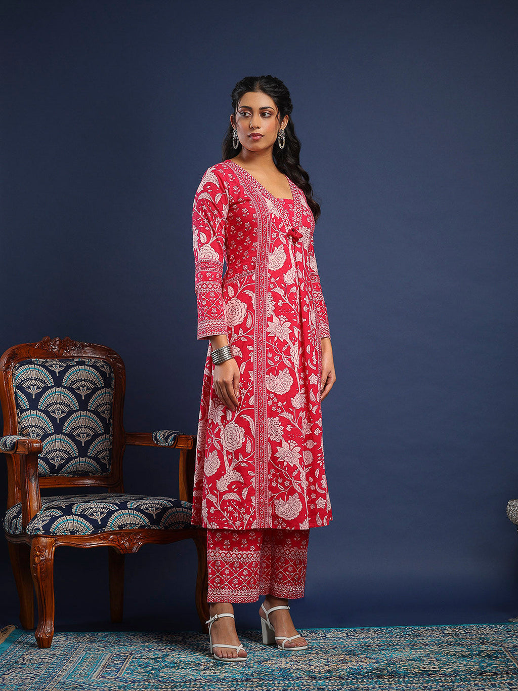 Hot Pink Cotton Blend Printed A Line Suit Set