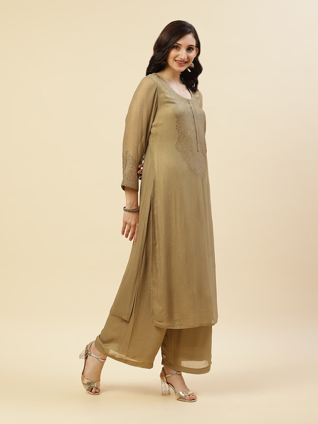 Embroidered Georgette Kurti With Palazzo And Dupatta