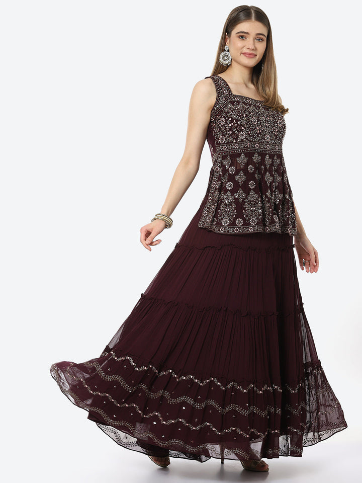 Resham Embroidered Georgette Choli With Lehenga &amp; Net Dupatta