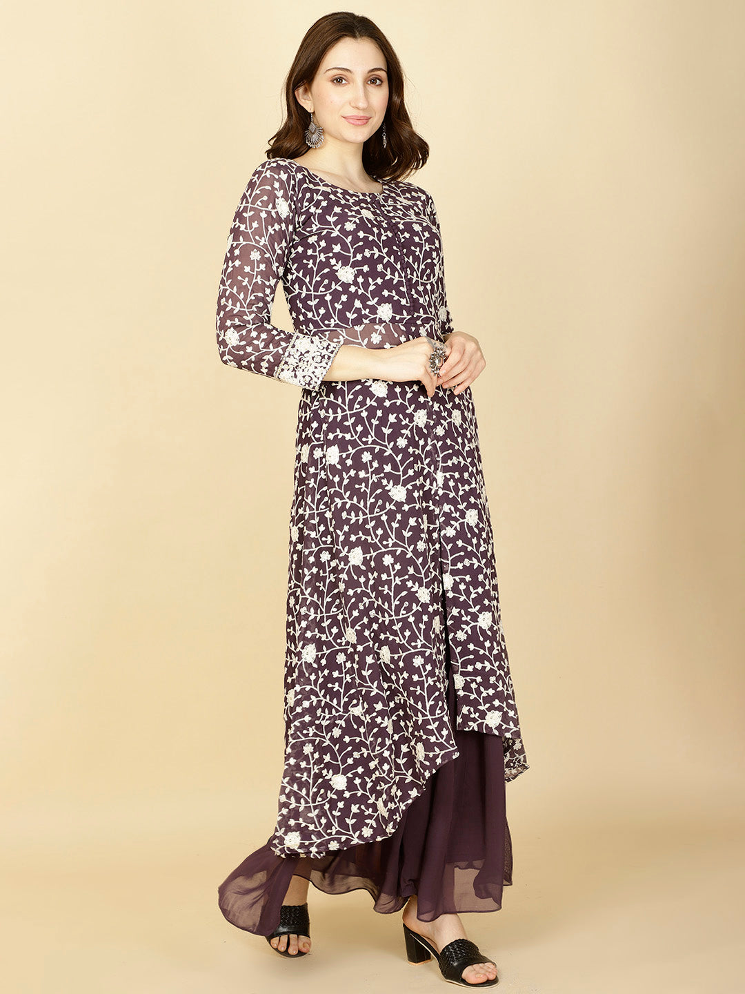 Resham Embroidery Georgette Kurta With Sharara &amp; Dupatta