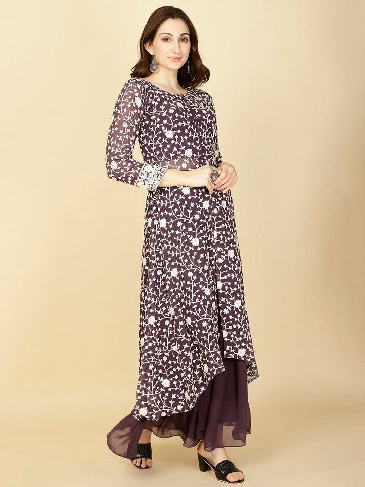 Resham Embroidery Georgette Kurta With Sharara &amp; Dupatta