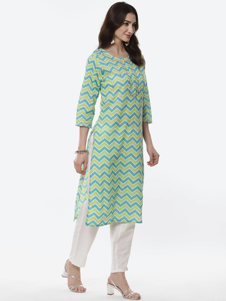 Leheriya Printed Neck Zari Cotton Kurti With Pant