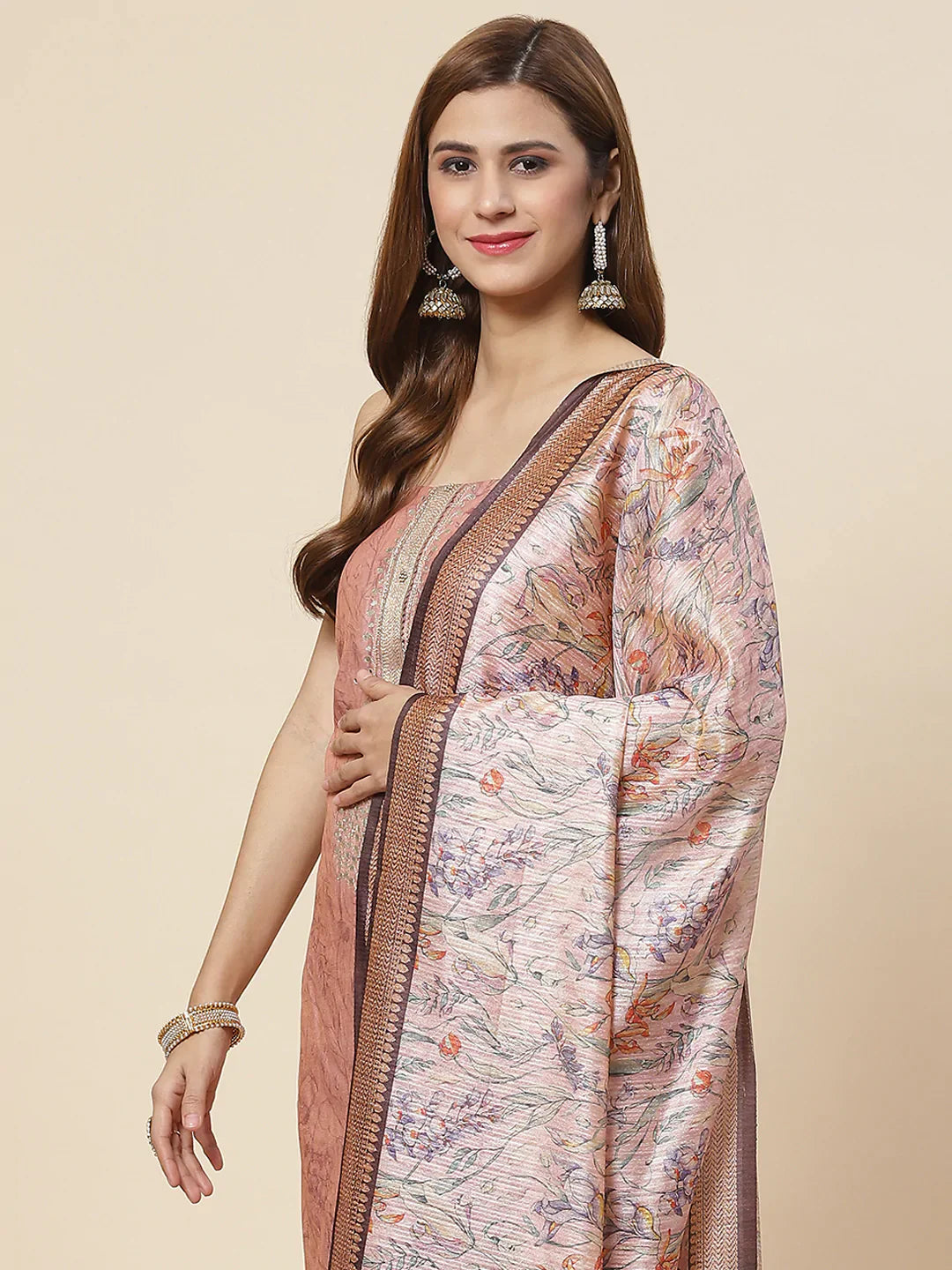 Neck Embroidered & Printed Chanderi Unstitched Suit Piece With Dupatta