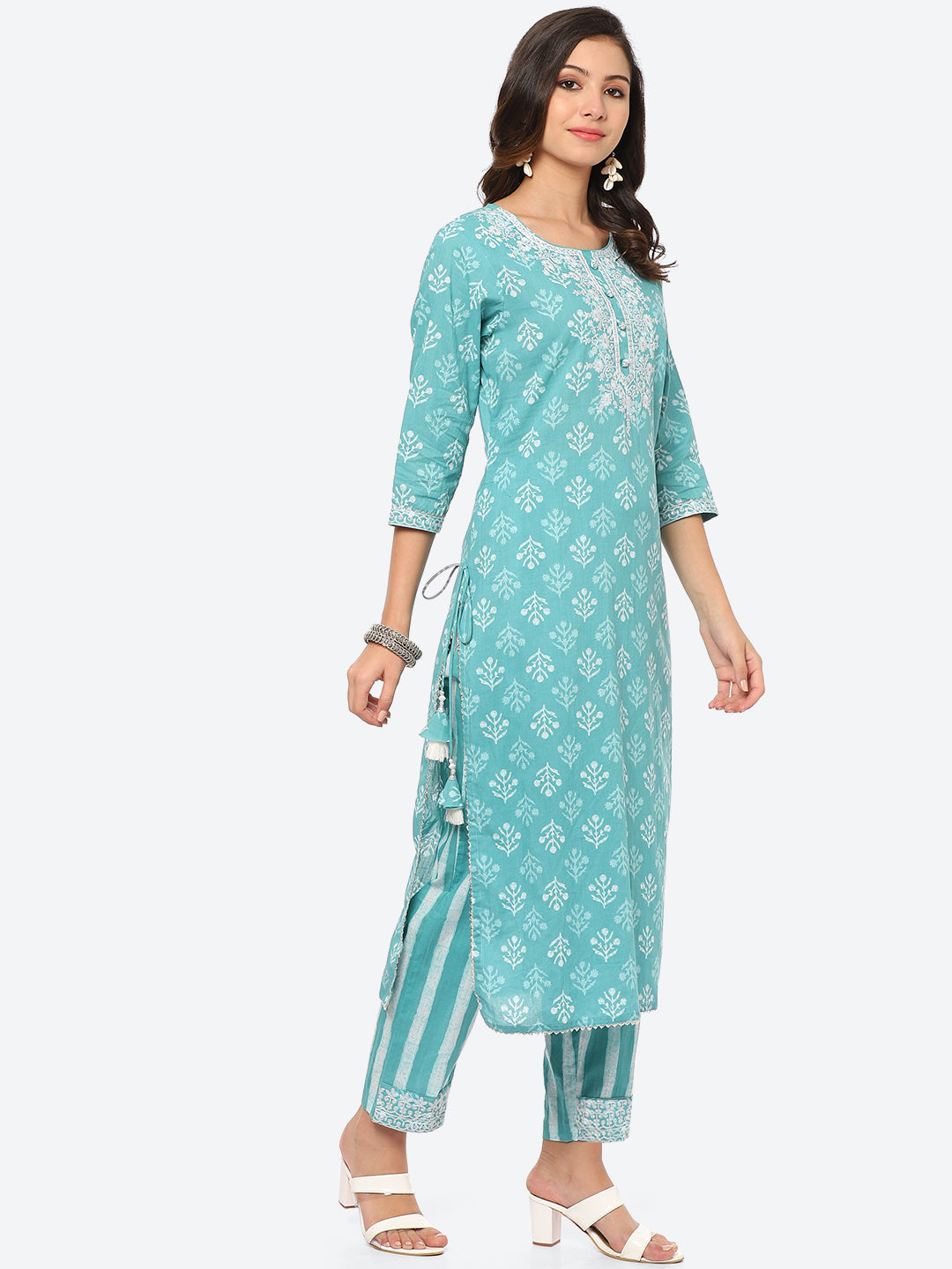 Sequin Work Printed Cotton Kurta With Pant