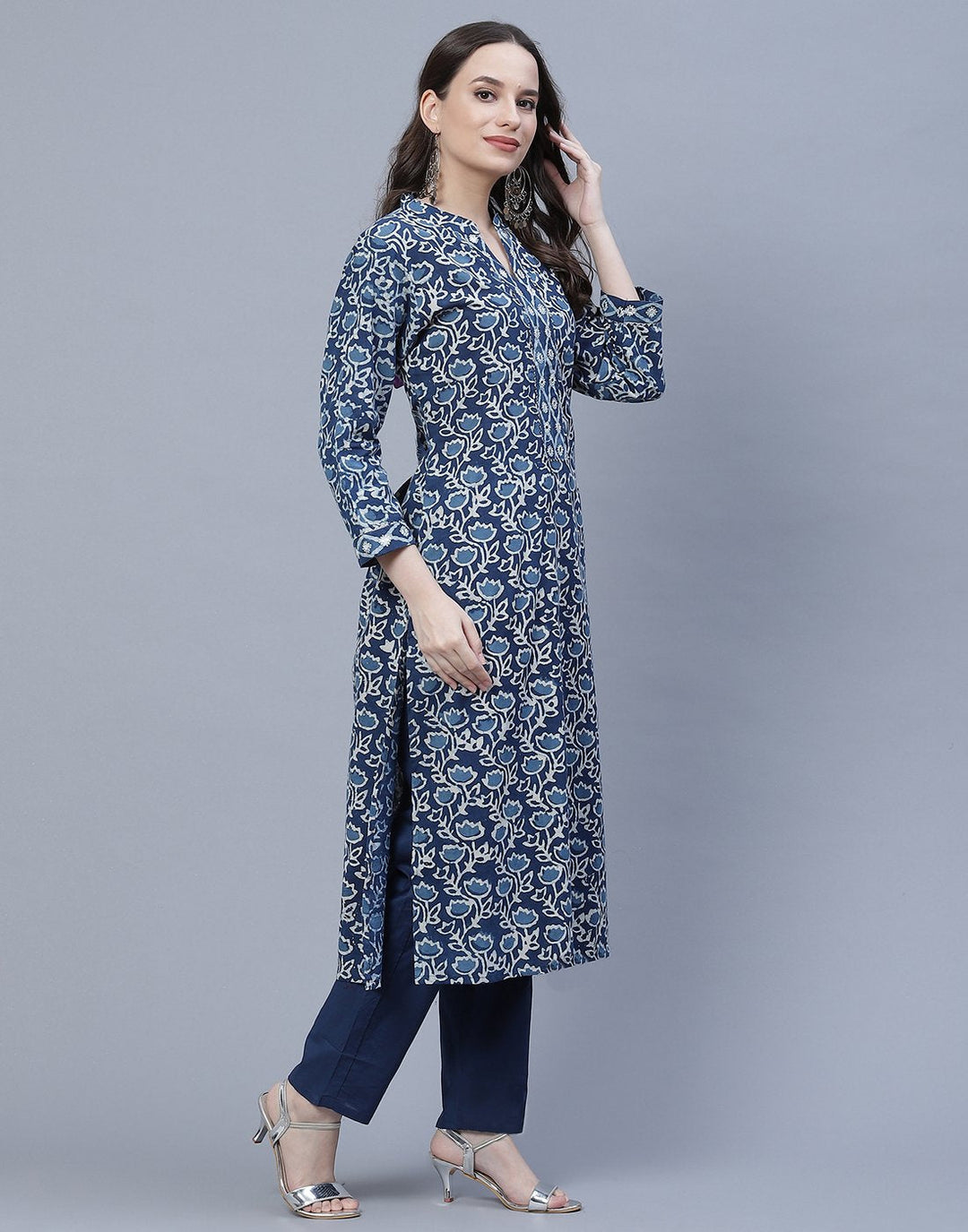 Indigo Cotton Printed Kurti Pant Set
