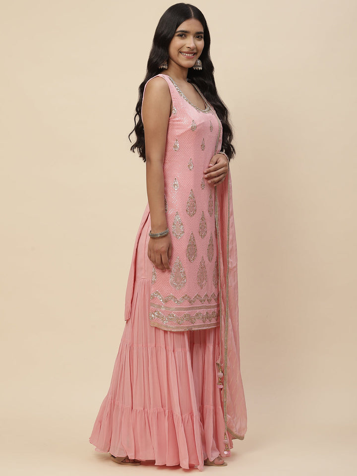 Sequin Embroidered Georgette Kurta With Sharara &amp; Dupatta