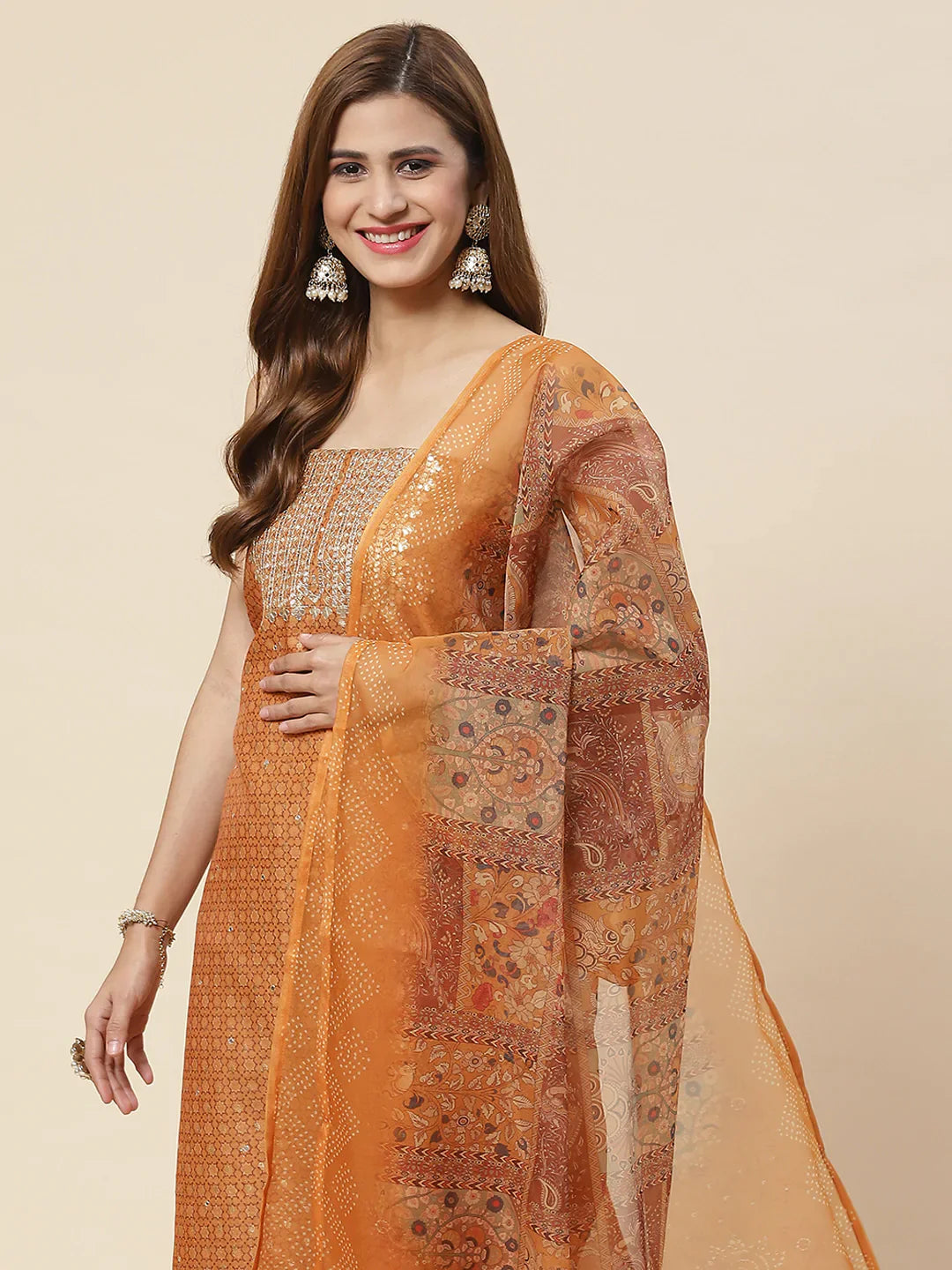 Neck Embroidered & Printed Chanderi Unstitched Suit Piece With Dupatta