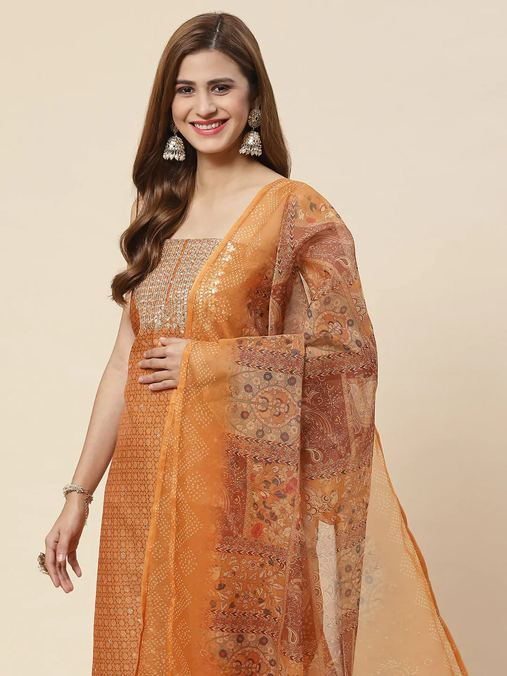 Neck Embroidered &amp; Printed Chanderi Unstitched Suit Piece With Dupatta
