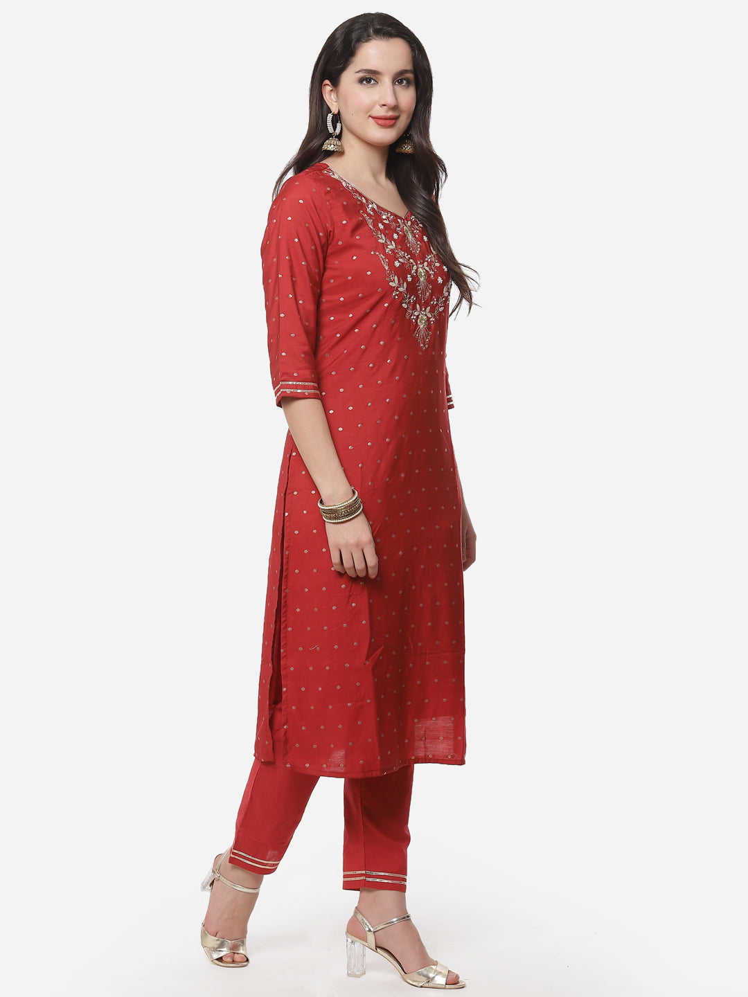 Embroidered Cotton Kurti With Pant And Dupatta
