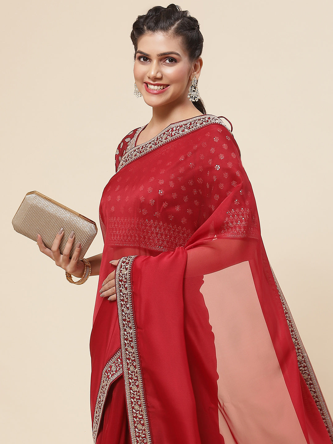 Plain &amp; Embroidered Border Organza Saree