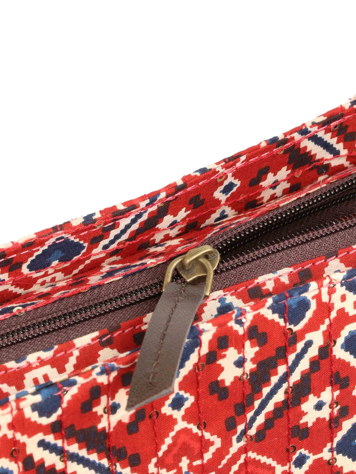 Maroon &amp; Navy Blue Printed Cotton Handbag With Pouch