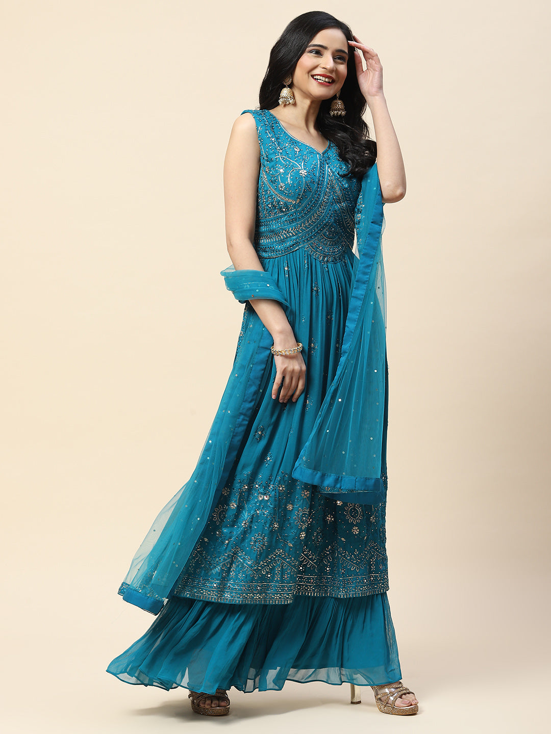 Resham Booti Embroidered Georgette Kurta With Palazzo &amp; Dupatta