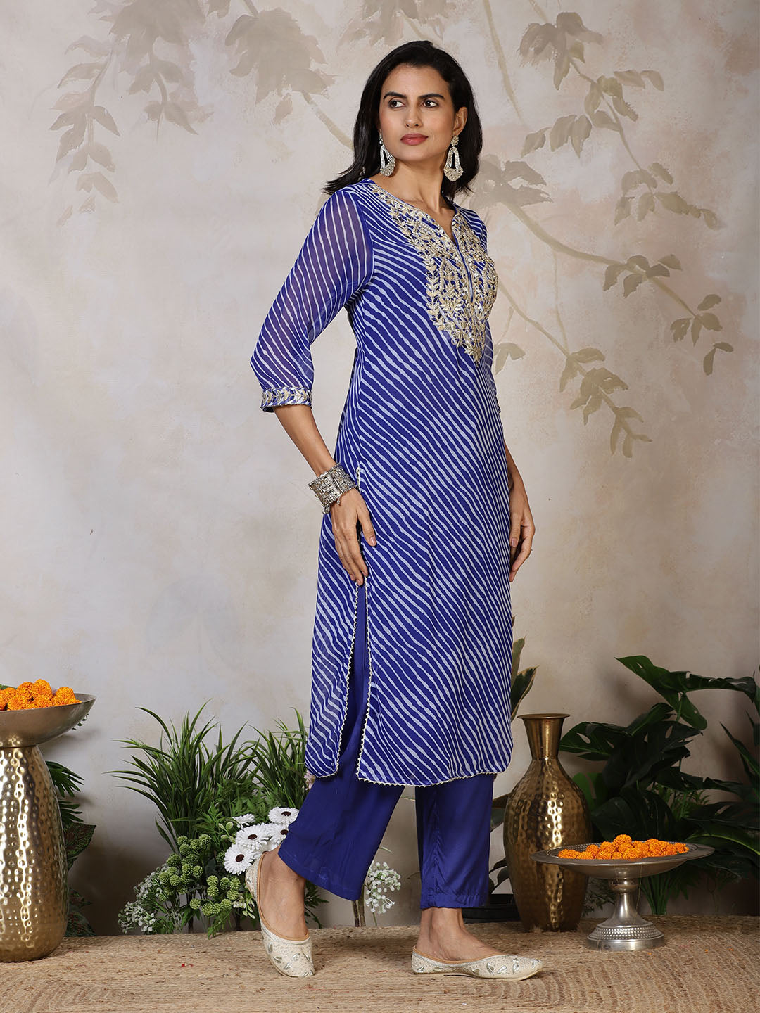 Embroidered Georgette Kurta With Pants &amp; Dupatta