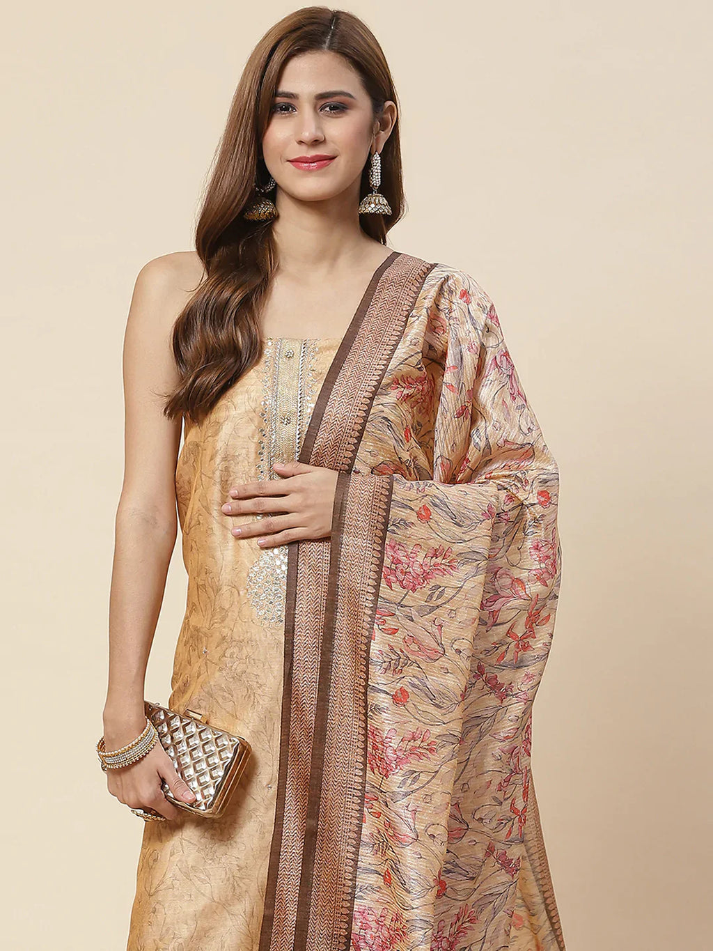Neck Embroidered & Printed Chanderi Unstitched Suit Piece With Dupatta