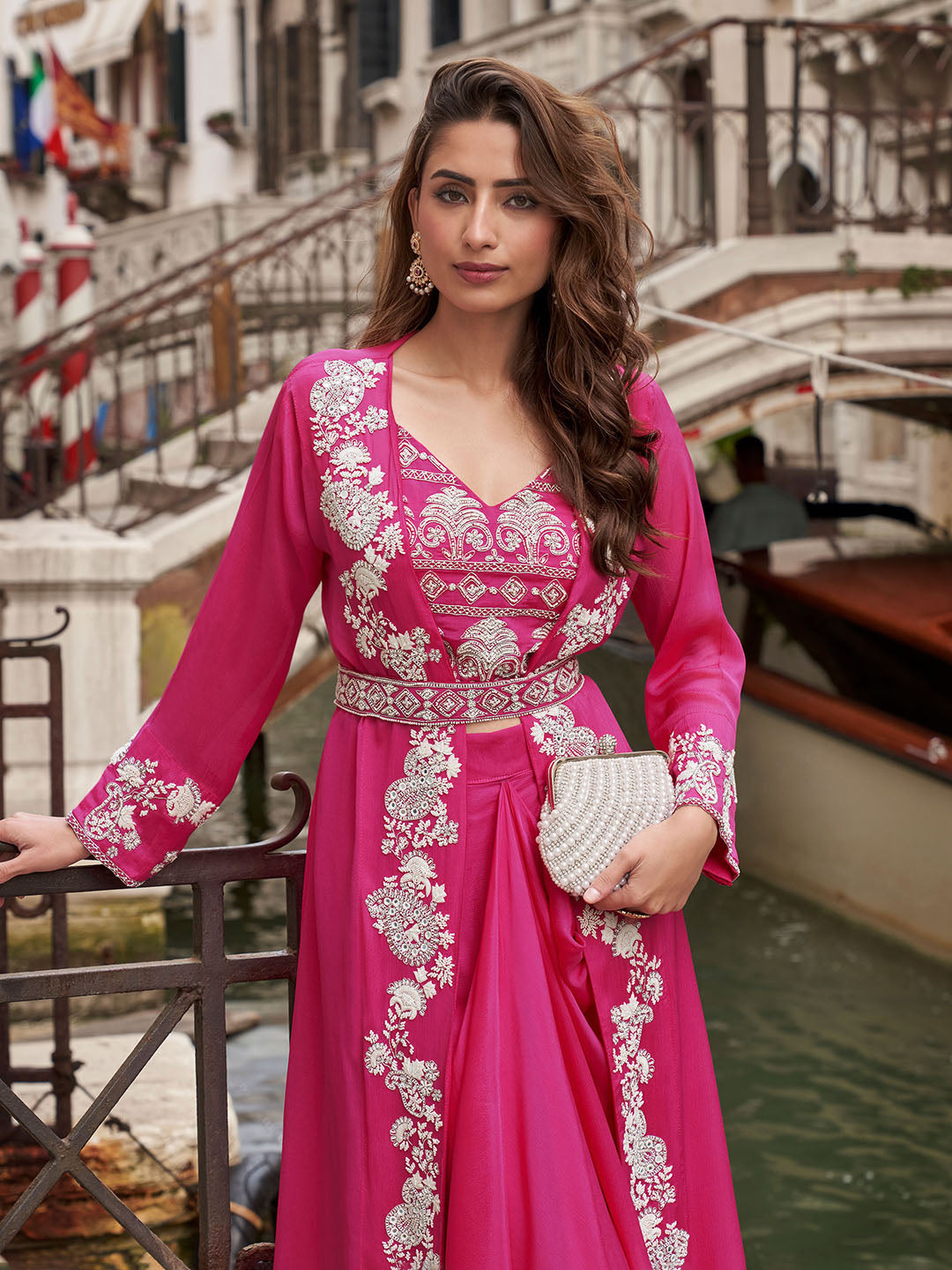 Embroidered Chinon Choli With Plazzo &amp; Jacket