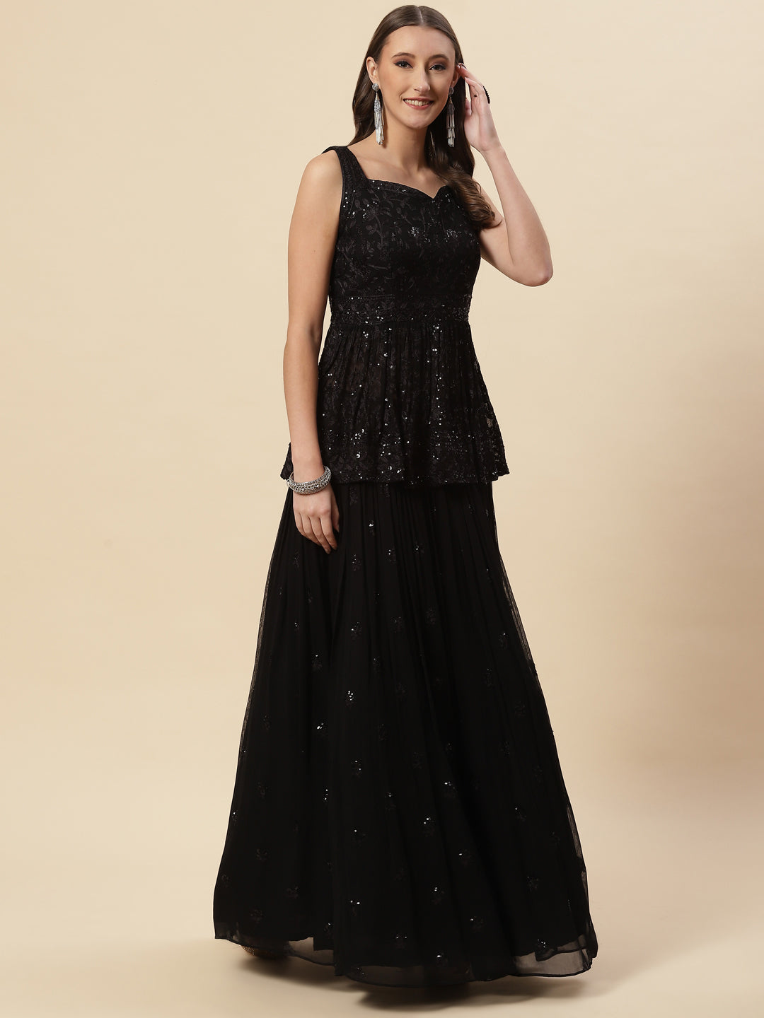 Sequin Embroidered Georgette Choli With Lehenga &amp; Net Dupatta