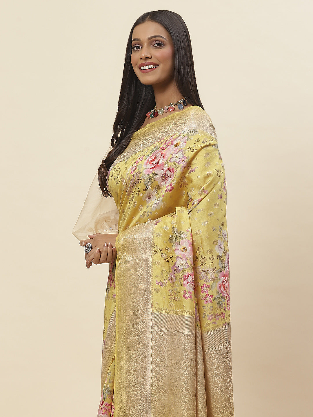 Digitally Floral Printed Tussar Saree